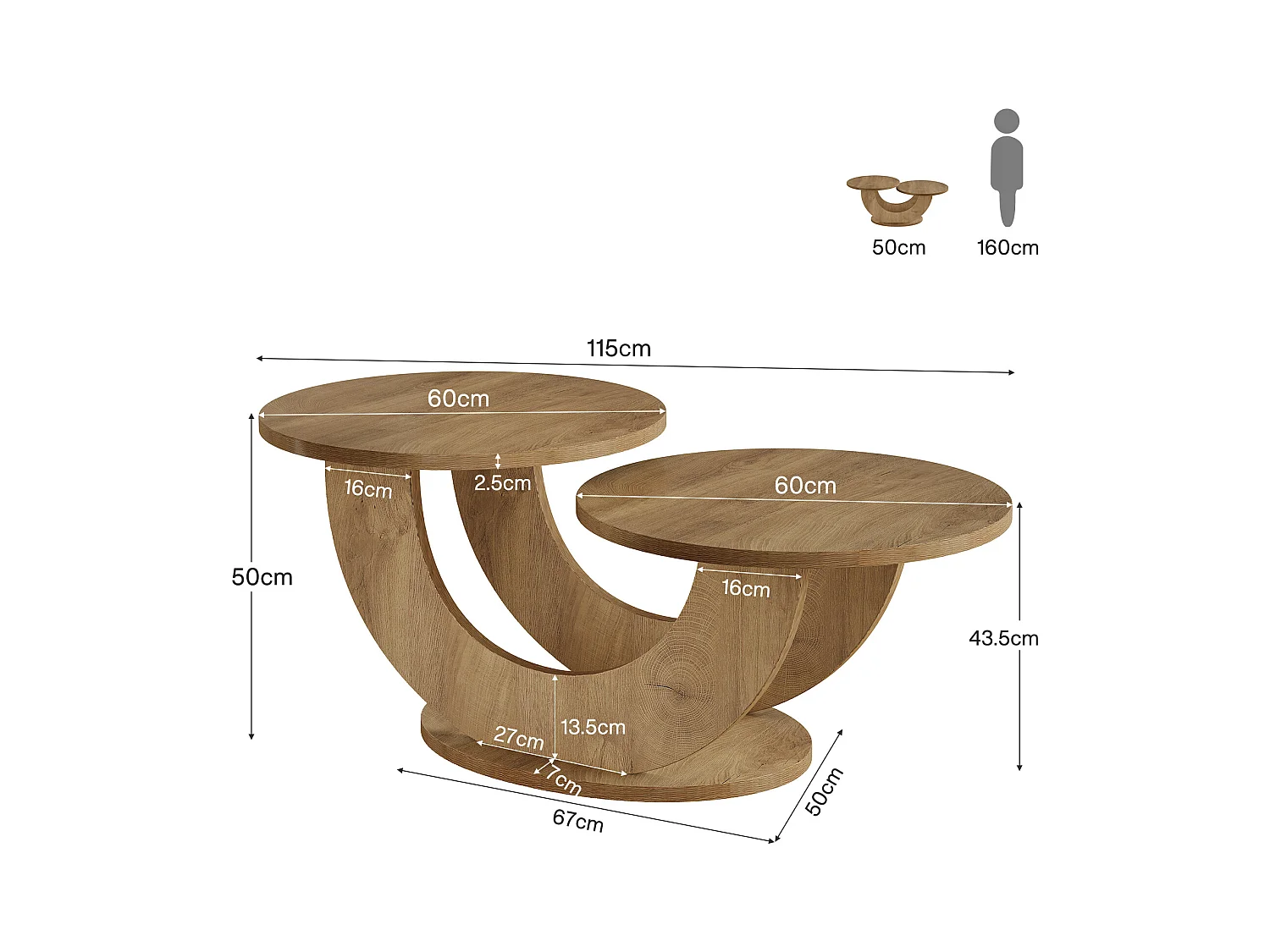 Table basse ronde de salon, table basse de ferme à 2 niveaux avec cadre en forme de U, table de cocktail basse pour la maison, l'appartement, naturel