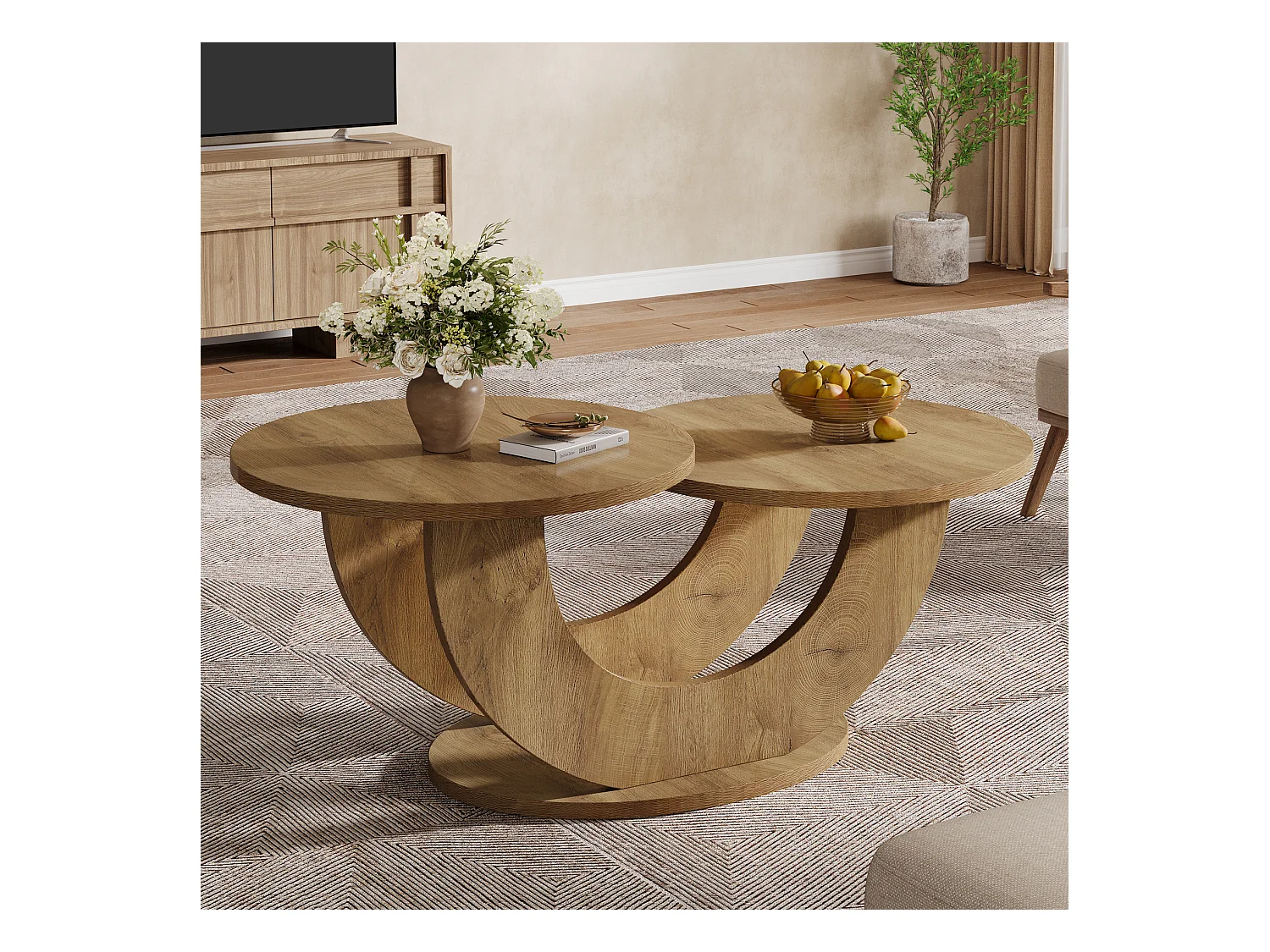 Table basse ronde de salon, table basse de ferme à 2 niveaux avec cadre en forme de U, table de cocktail basse pour la maison, l'appartement, naturel