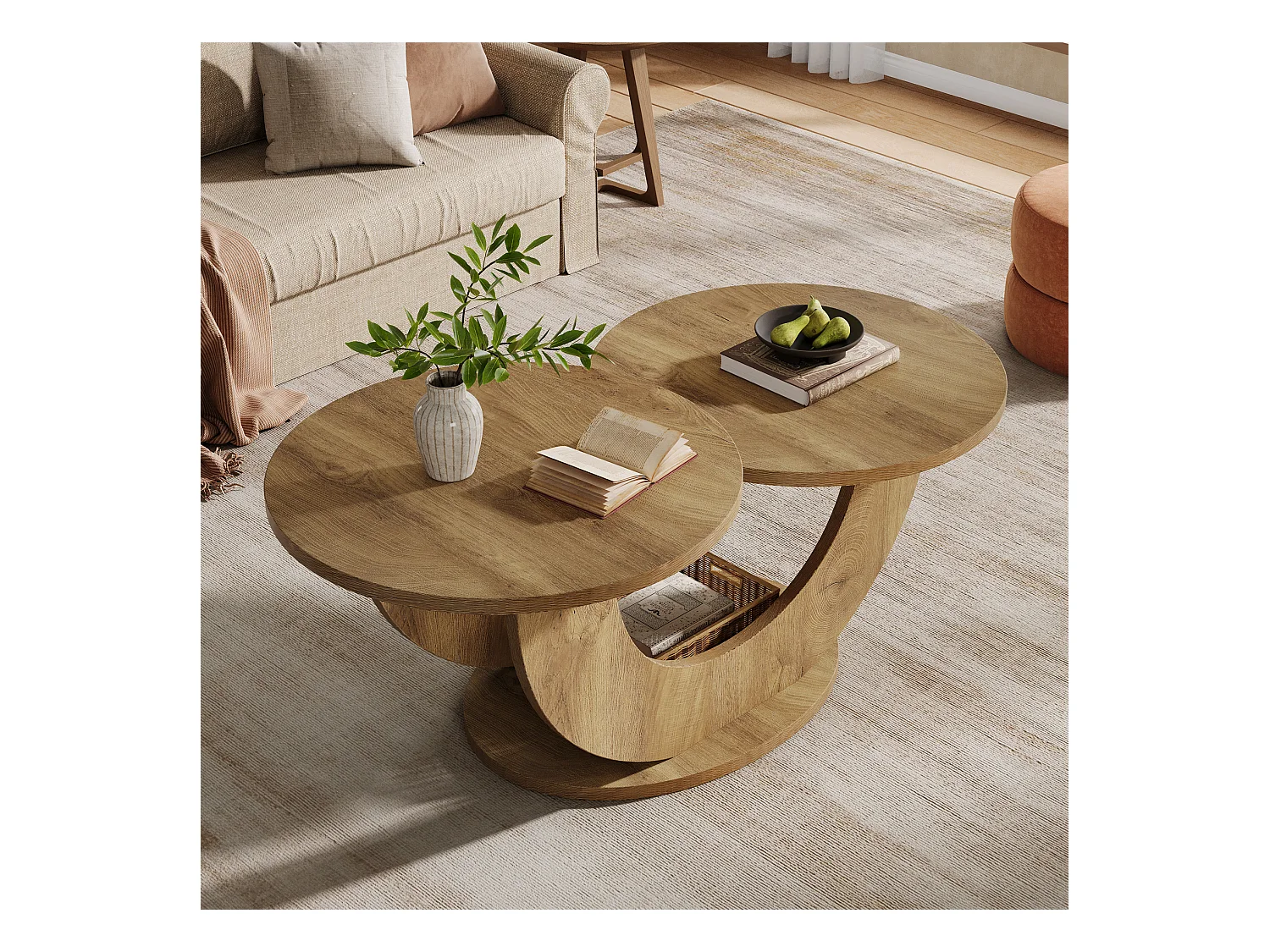 Table basse ronde de salon, table basse de ferme à 2 niveaux avec cadre en forme de U, table de cocktail basse pour la maison, l'appartement, naturel