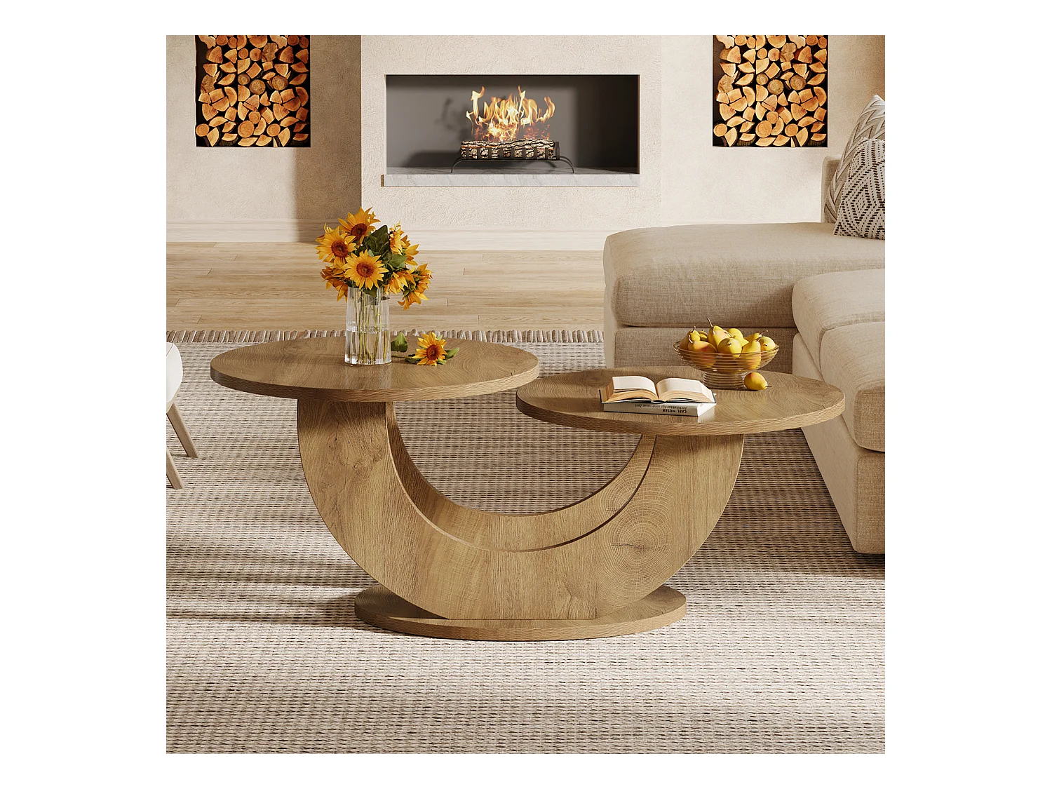 Table basse ronde de salon, table basse de ferme à 2 niveaux avec cadre en forme de U, table de cocktail basse pour la maison, l'appartement, naturel