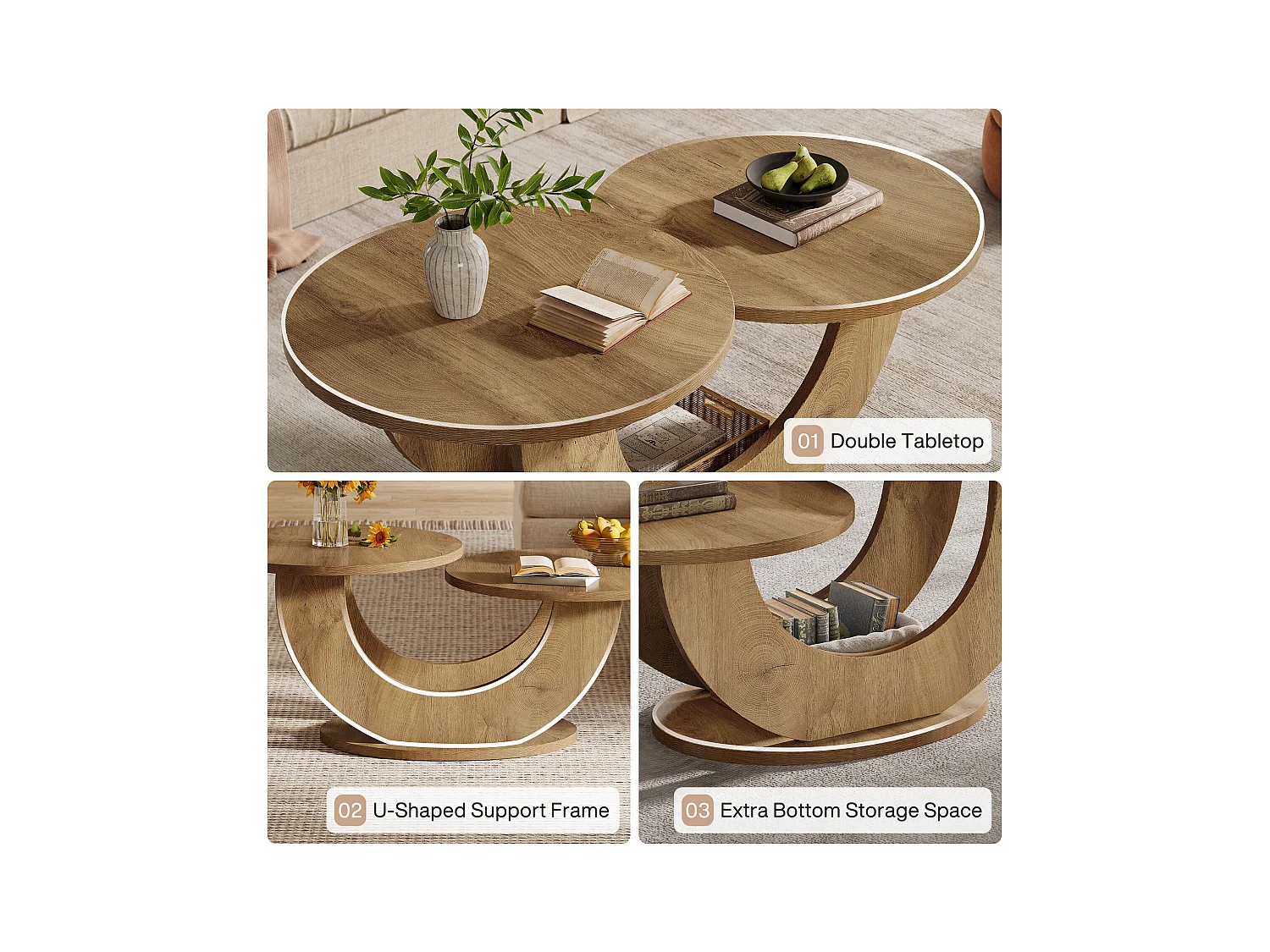 Table basse ronde de salon, table basse de ferme à 2 niveaux avec cadre en forme de U, table de cocktail basse pour la maison, l'appartement, naturel