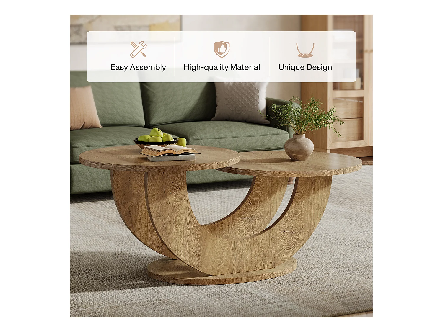 Table basse ronde de salon, table basse de ferme à 2 niveaux avec cadre en forme de U, table de cocktail basse pour la maison, l'appartement, naturel