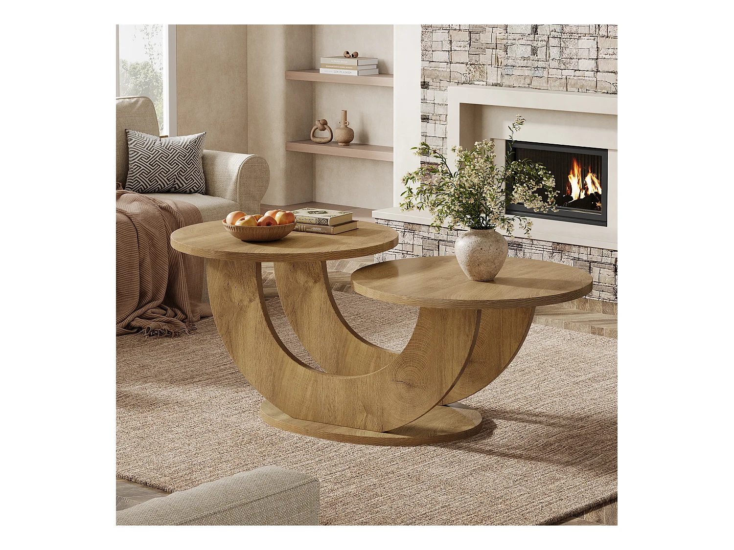 Table basse ronde de salon, table basse de ferme à 2 niveaux avec cadre en forme de U, table de cocktail basse pour la maison, l'appartement, naturel