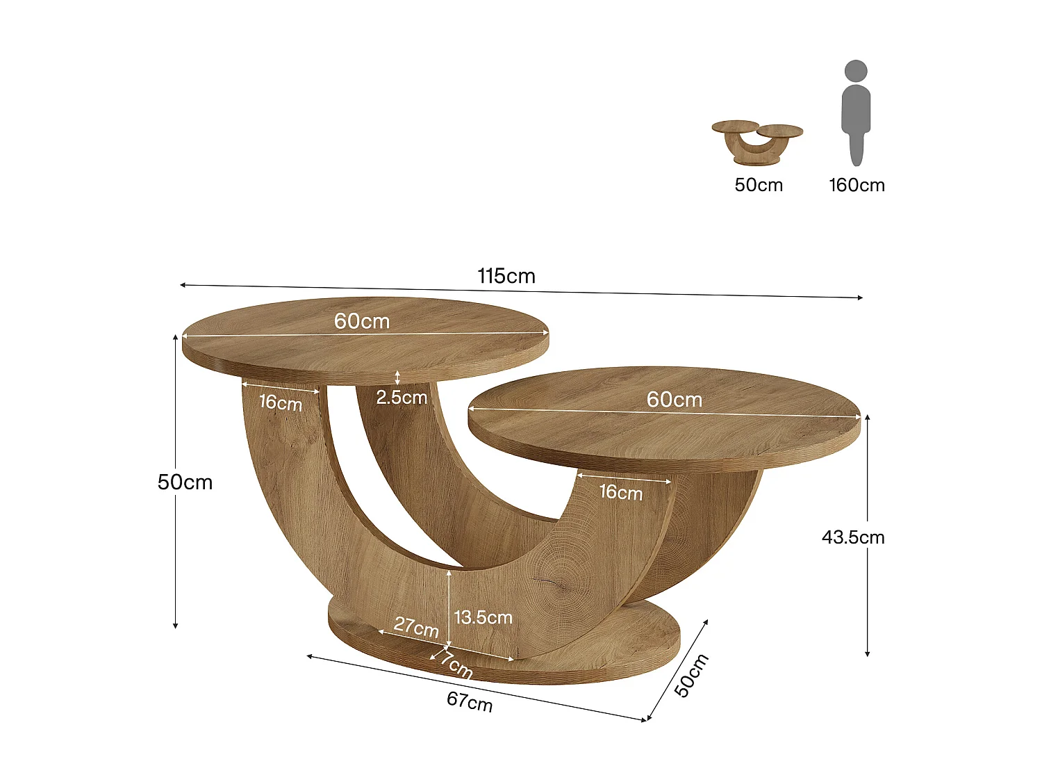 Table basse ronde de salon, table basse de ferme à 2 niveaux avec cadre en forme de U, table de cocktail basse pour la maison, l'appartement, naturel