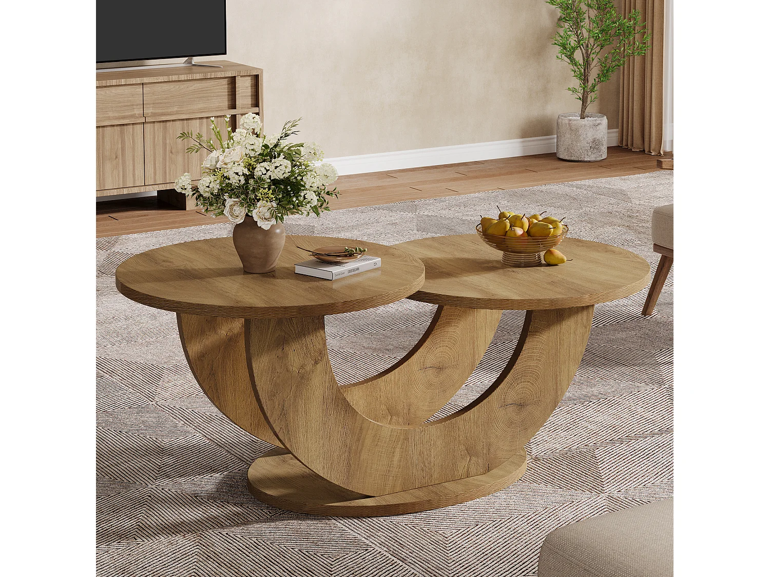 Table basse ronde de salon, table basse de ferme à 2 niveaux avec cadre en forme de U, table de cocktail basse pour la maison, l'appartement, naturel