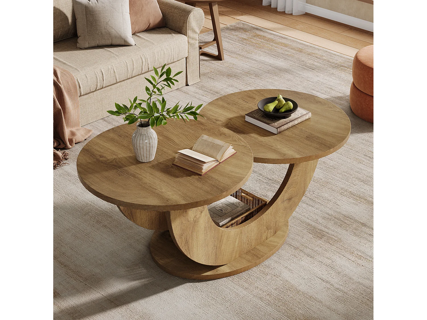 Table basse ronde de salon, table basse de ferme à 2 niveaux avec cadre en forme de U, table de cocktail basse pour la maison, l'appartement, naturel