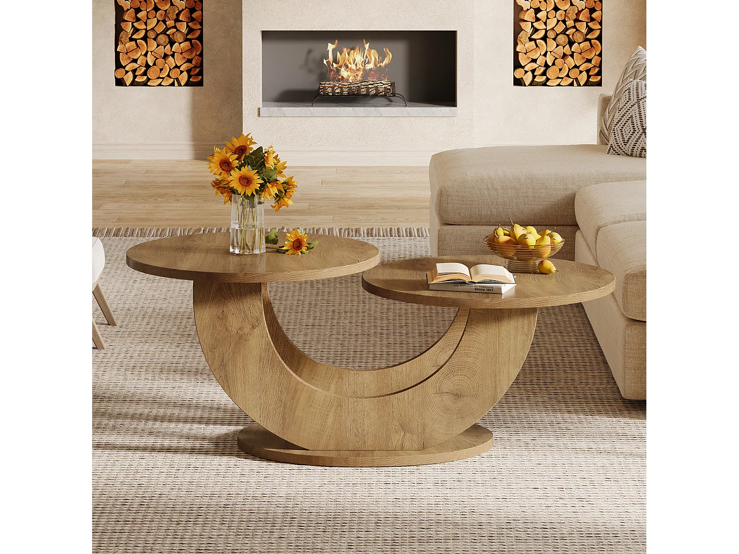 Table basse ronde de salon, table basse de ferme à 2 niveaux avec cadre en forme de U, table de cocktail basse pour la maison, l'appartement, naturel