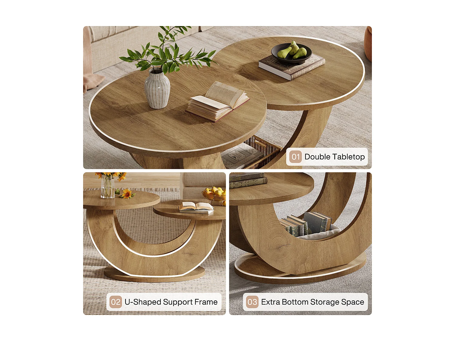 Table basse ronde de salon, table basse de ferme à 2 niveaux avec cadre en forme de U, table de cocktail basse pour la maison, l'appartement, naturel