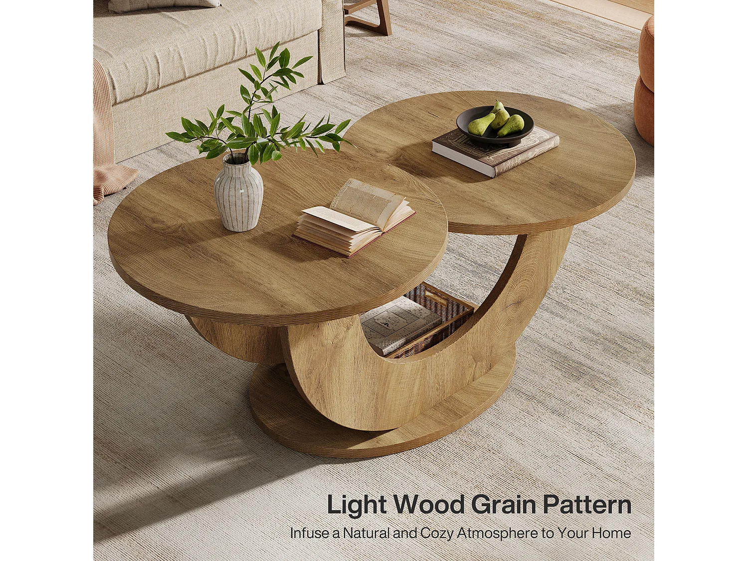 Table basse ronde de salon, table basse de ferme à 2 niveaux avec cadre en forme de U, table de cocktail basse pour la maison, l'appartement, naturel