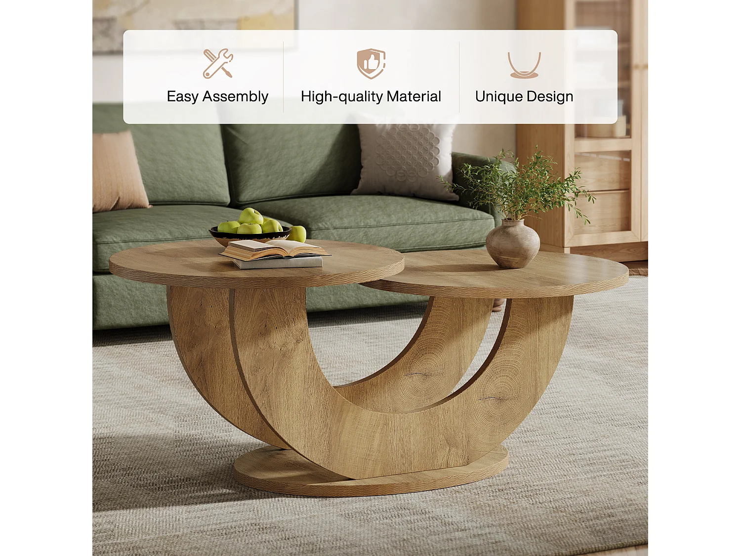 Table basse ronde de salon, table basse de ferme à 2 niveaux avec cadre en forme de U, table de cocktail basse pour la maison, l'appartement, naturel