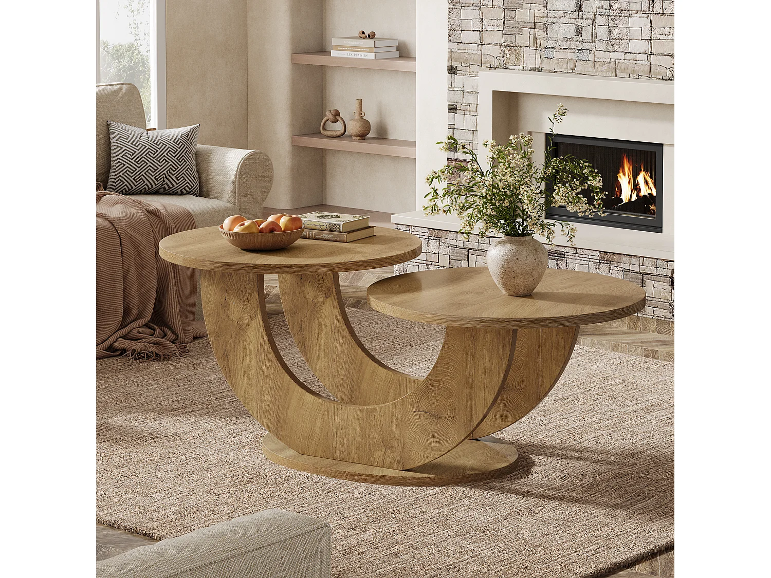 Table basse ronde de salon, table basse de ferme à 2 niveaux avec cadre en forme de U, table de cocktail basse pour la maison, l'appartement, naturel