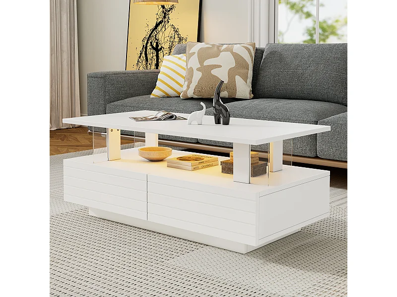 Mesa de centro con LED - 100 x 50 x 42,5 cm - Mesa de salón de doble capa con 1 cajón - Acrílico - Blanco