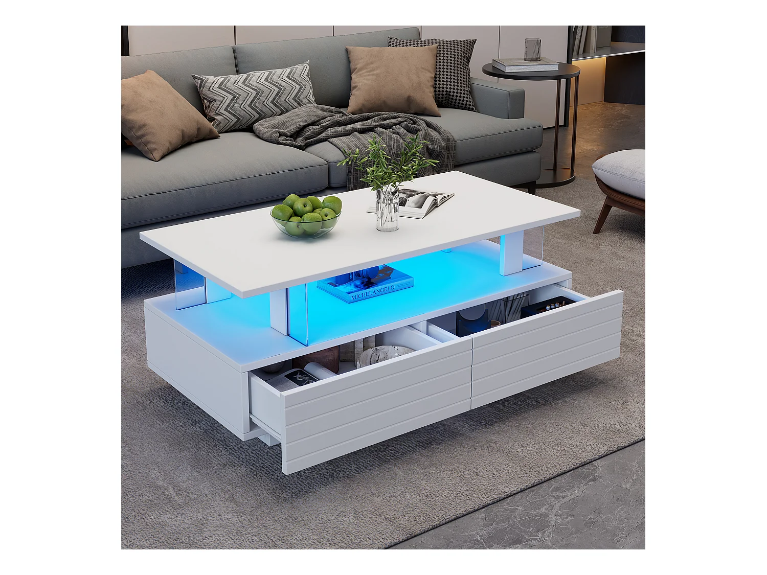 Salontafel met LED's - 100 x 50 x 42,5 cm - dubbellaagse salontafel met 1 lade - Acryl - wit