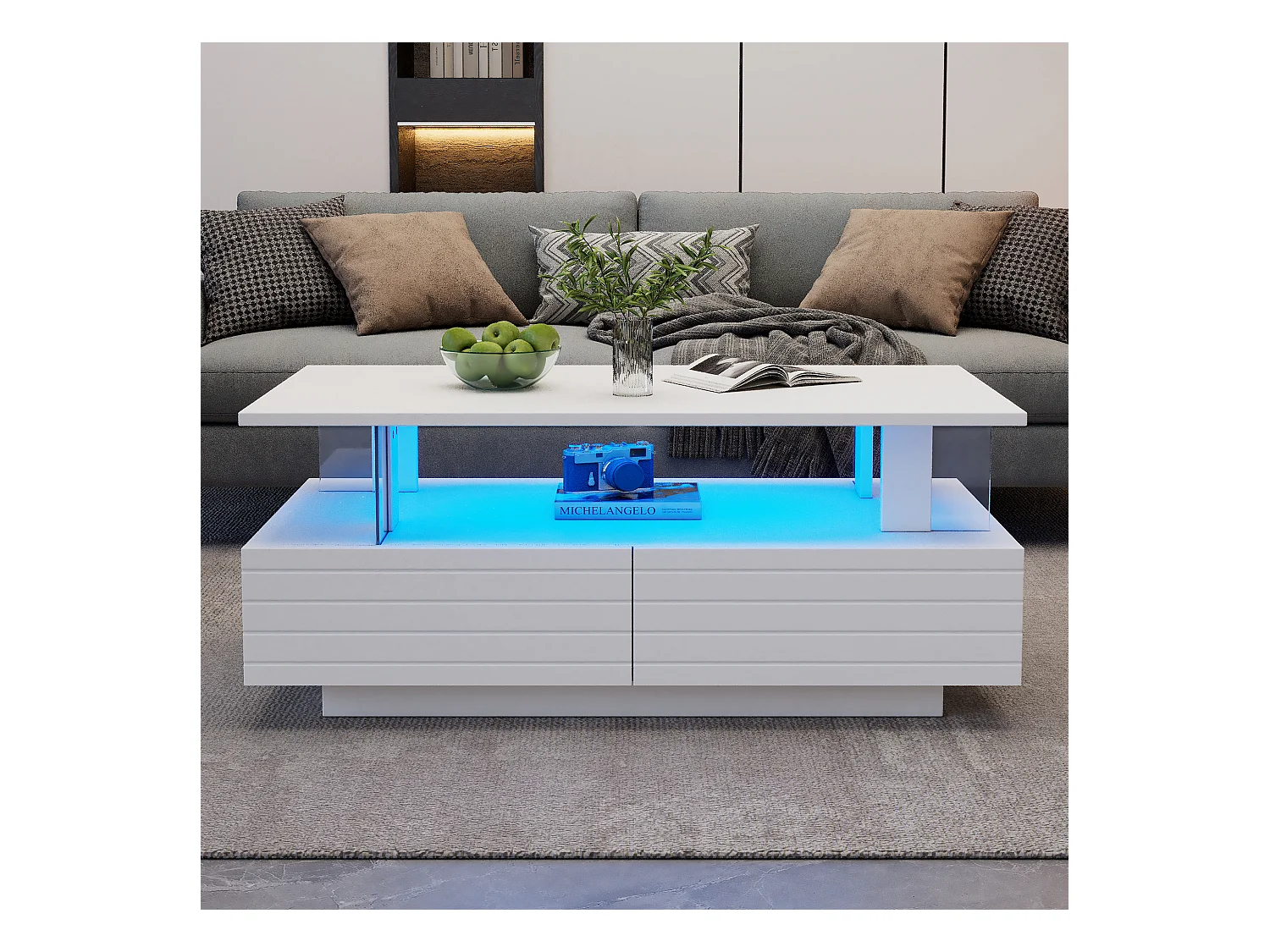 Mesa de centro con LED - 100 x 50 x 42,5 cm - Mesa de salón de doble capa con 1 cajón - Acrílico - Blanco