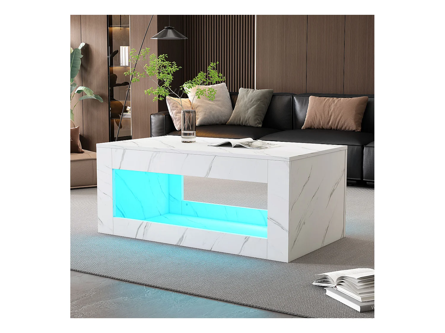 Mesa de centro 100x50cm com LED e USB, espaço de armazenamento adicional, superfície folheada a mármore branco