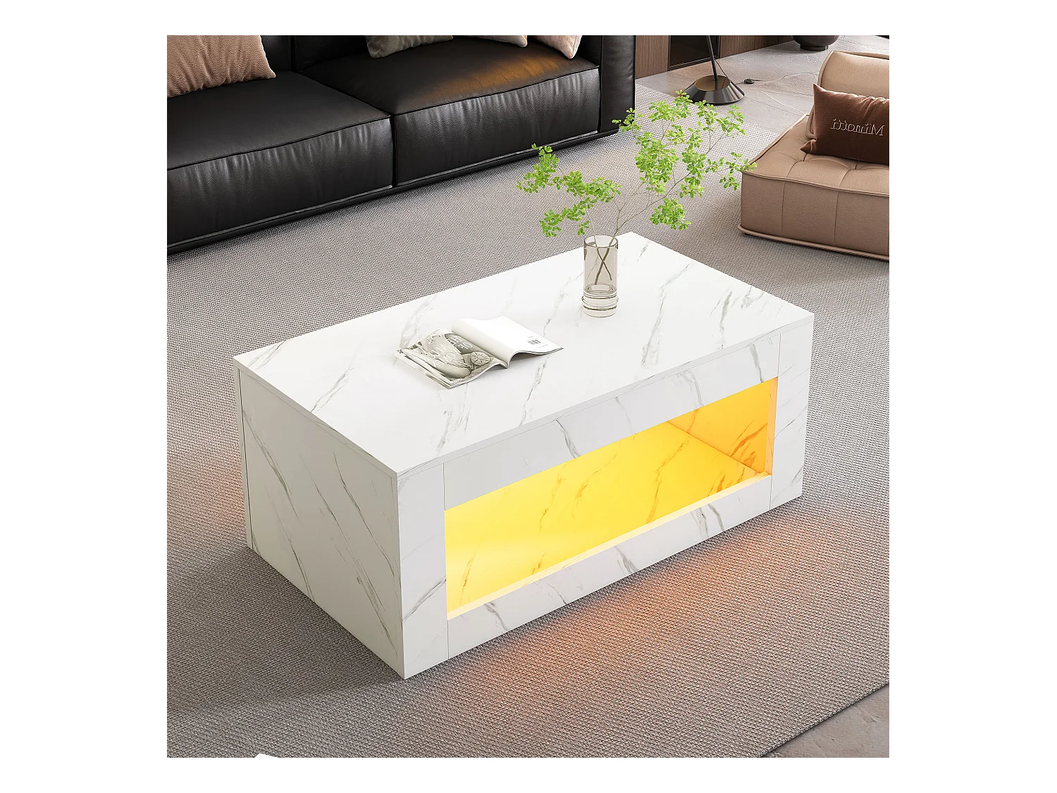 Mesa de centro 100x50cm com LED e USB, espaço de armazenamento adicional, superfície folheada a mármore branco
