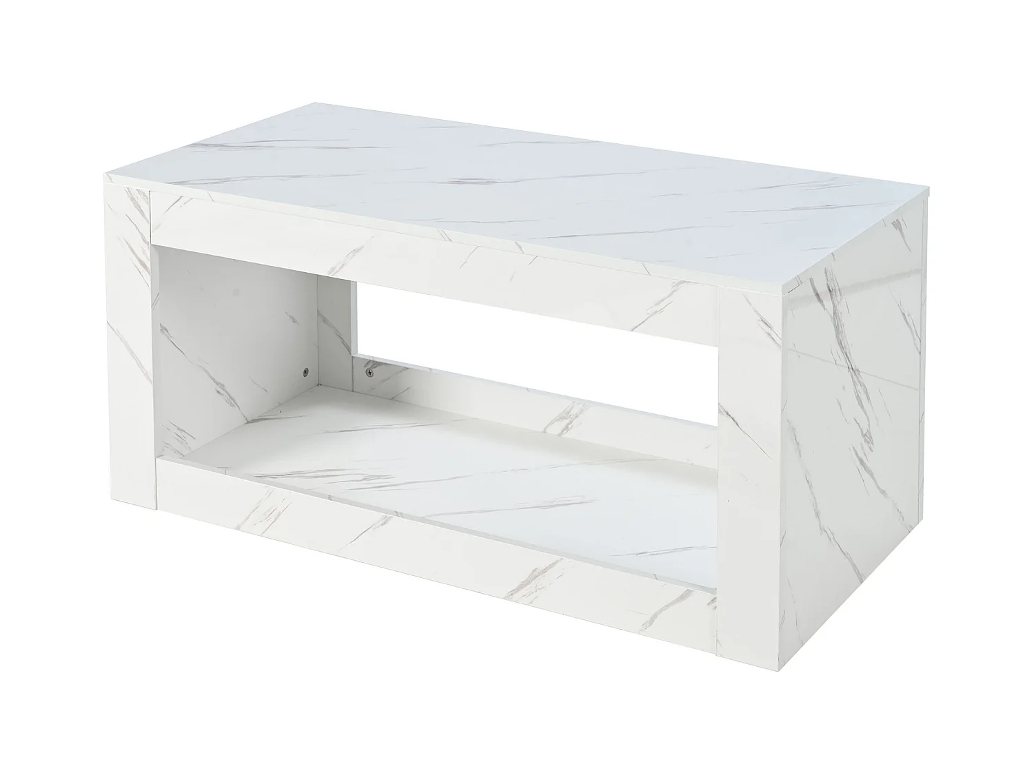 Mesa de centro 100x50cm com LED e USB, espaço de armazenamento adicional, superfície folheada a mármore branco