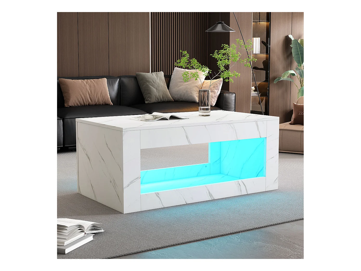 Mesa de centro 100x50cm com LED e USB, espaço de armazenamento adicional, superfície folheada a mármore branco
