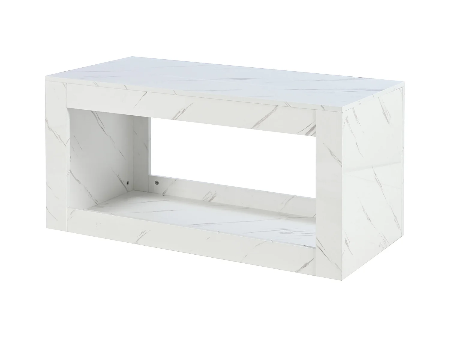 Mesa de centro 100x50cm com LED e USB, espaço de armazenamento adicional, superfície folheada a mármore branco