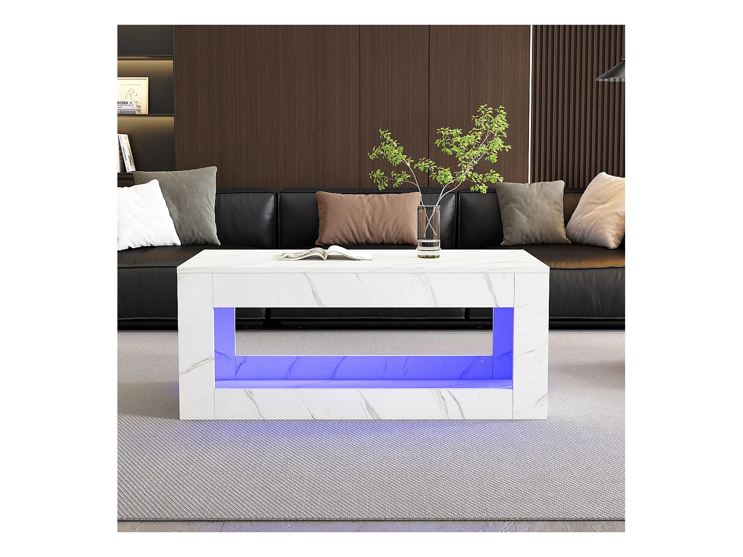 Table basse 100x50cm avec LED et USB,espace de rangement supplémentaire, surface en placage marbre blanc