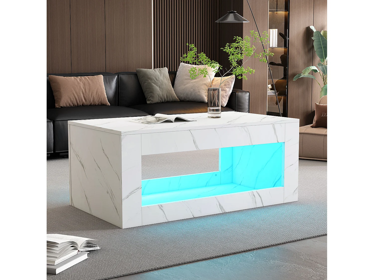 Table basse 100x50cm avec LED et USB,espace de rangement supplémentaire, surface en placage marbre blanc