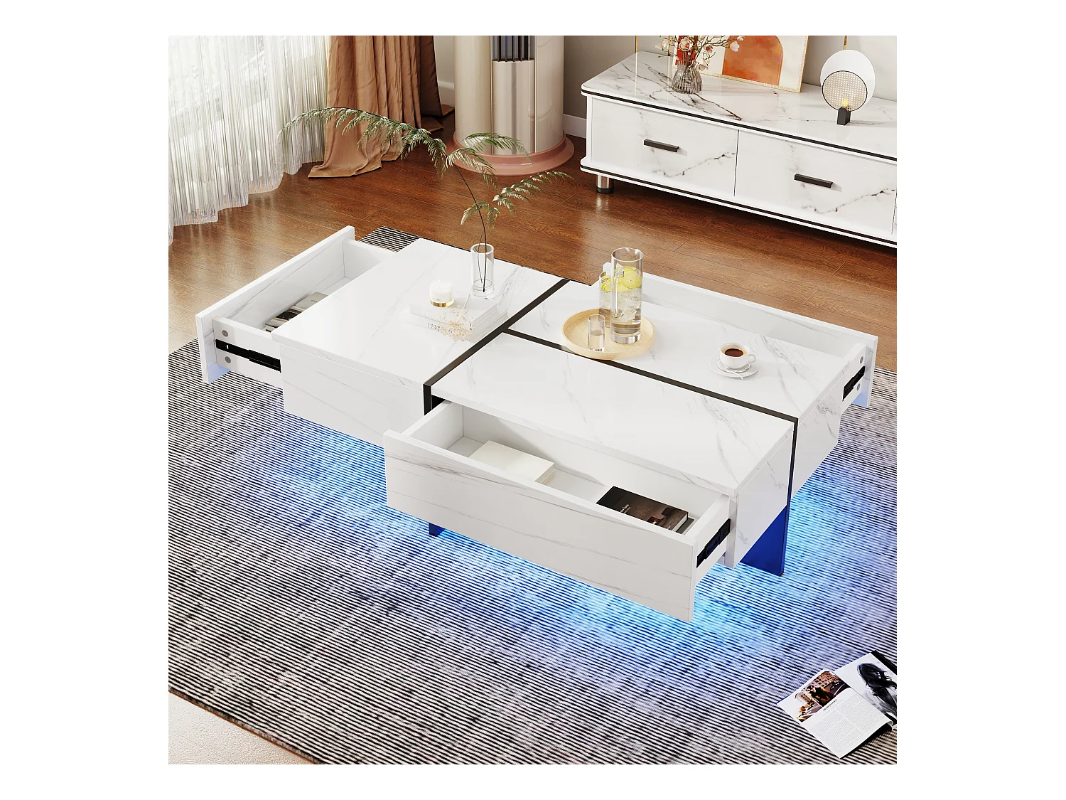 Table basse avec 3 tiroirs 100x50 cm, Éclairage LED Bluetooth, plateau en placage marbre blanc