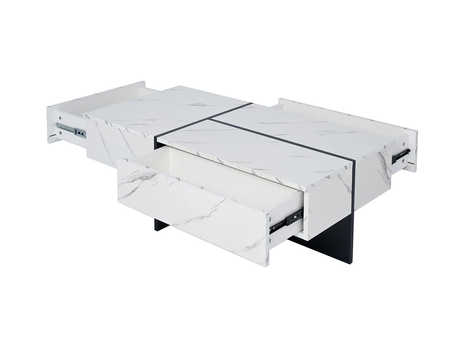 Table basse avec 3 tiroirs 100x50 cm, Éclairage LED Bluetooth, plateau en placage marbre blanc