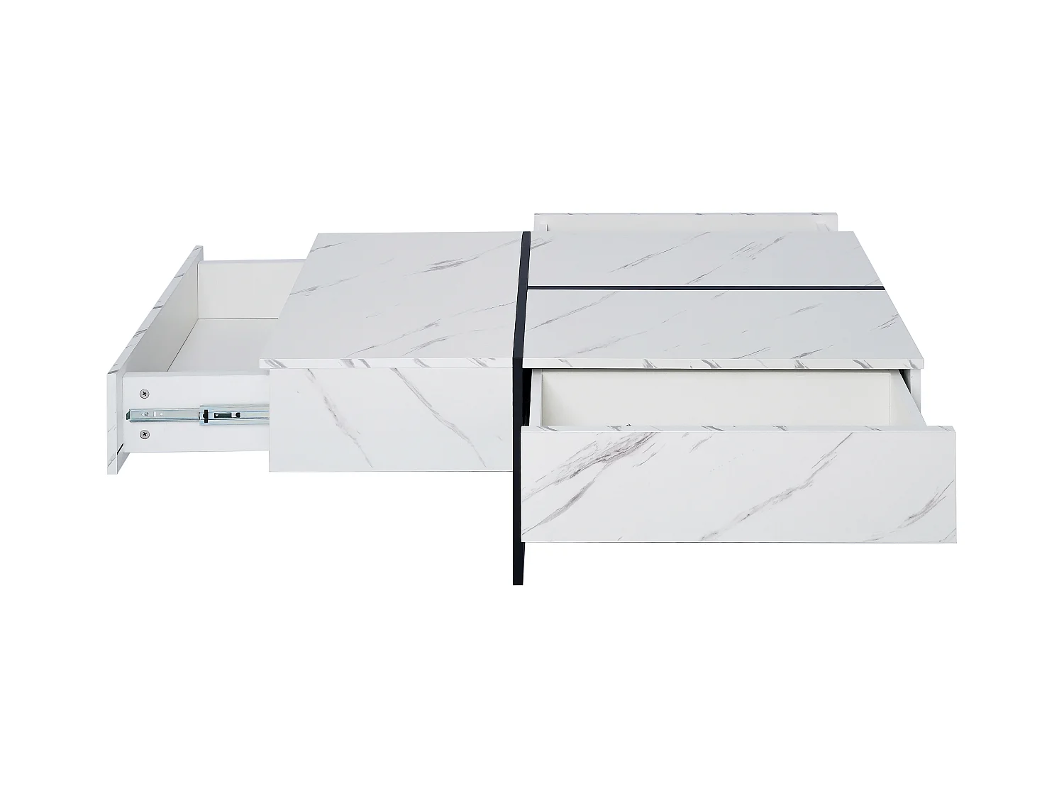 Table basse avec 3 tiroirs 100x50 cm, Éclairage LED Bluetooth, plateau en placage marbre blanc