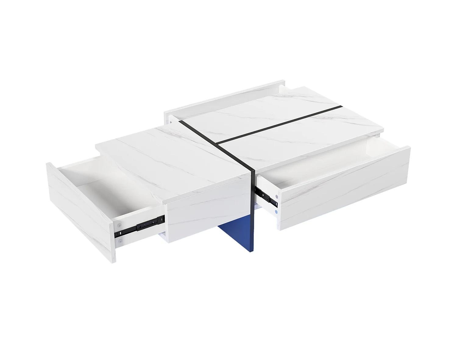 Table basse avec 3 tiroirs 100x50 cm, Éclairage LED Bluetooth, plateau en placage marbre blanc