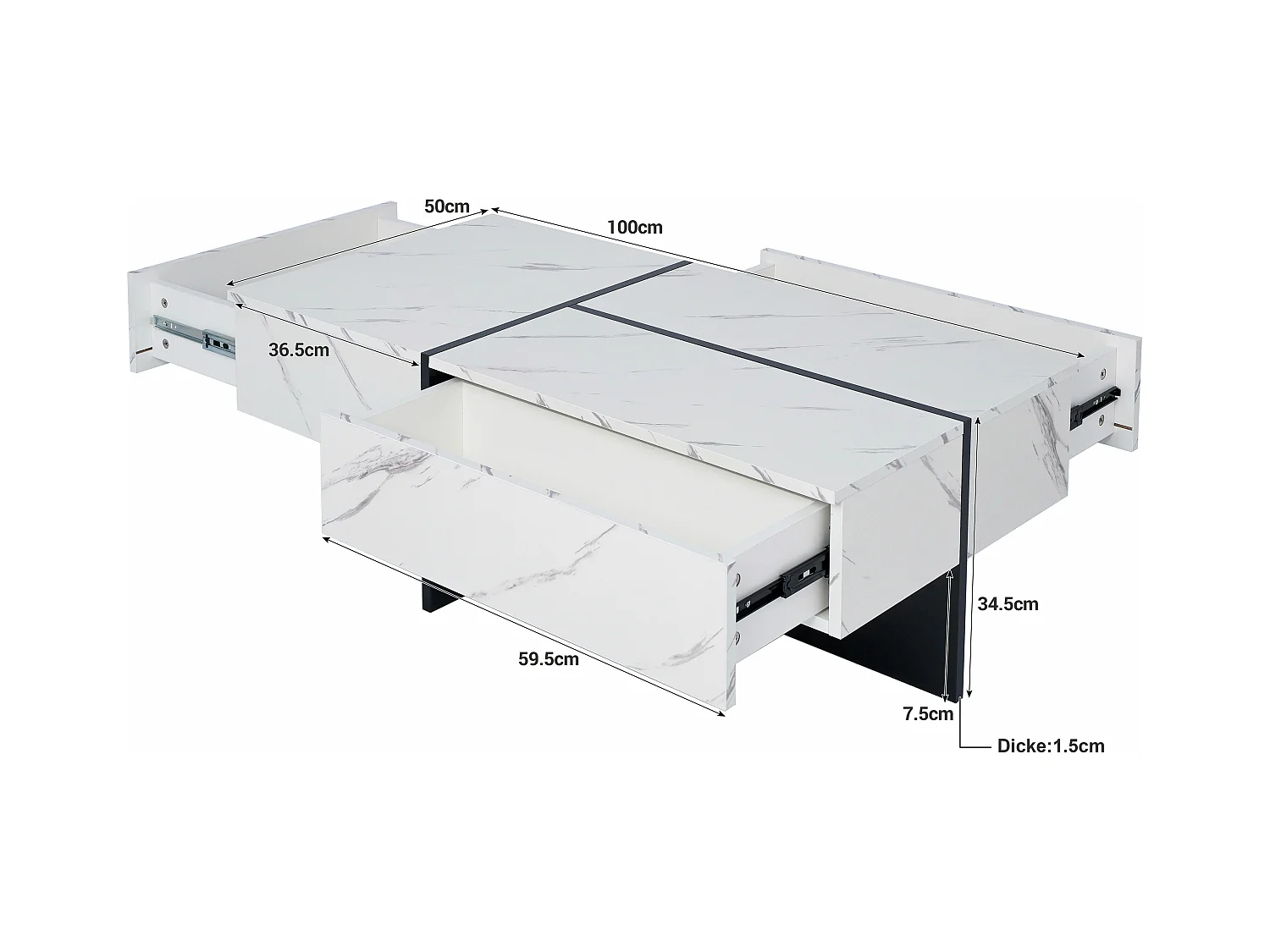 Table basse avec 3 tiroirs 100x50 cm, Éclairage LED Bluetooth, plateau en placage marbre blanc