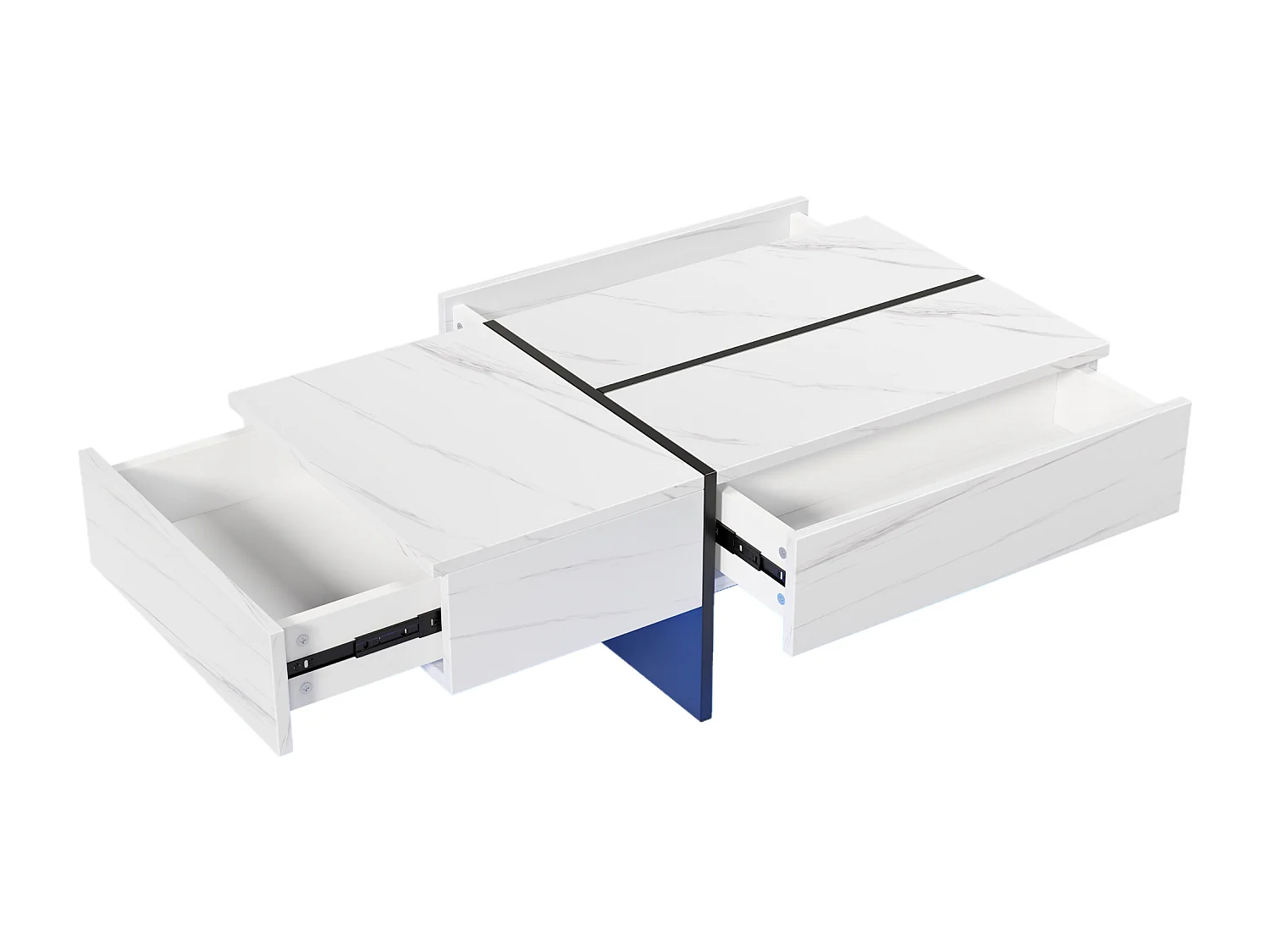 Table basse avec 3 tiroirs 100x50 cm, Éclairage LED Bluetooth, plateau en placage effet marbre blanc