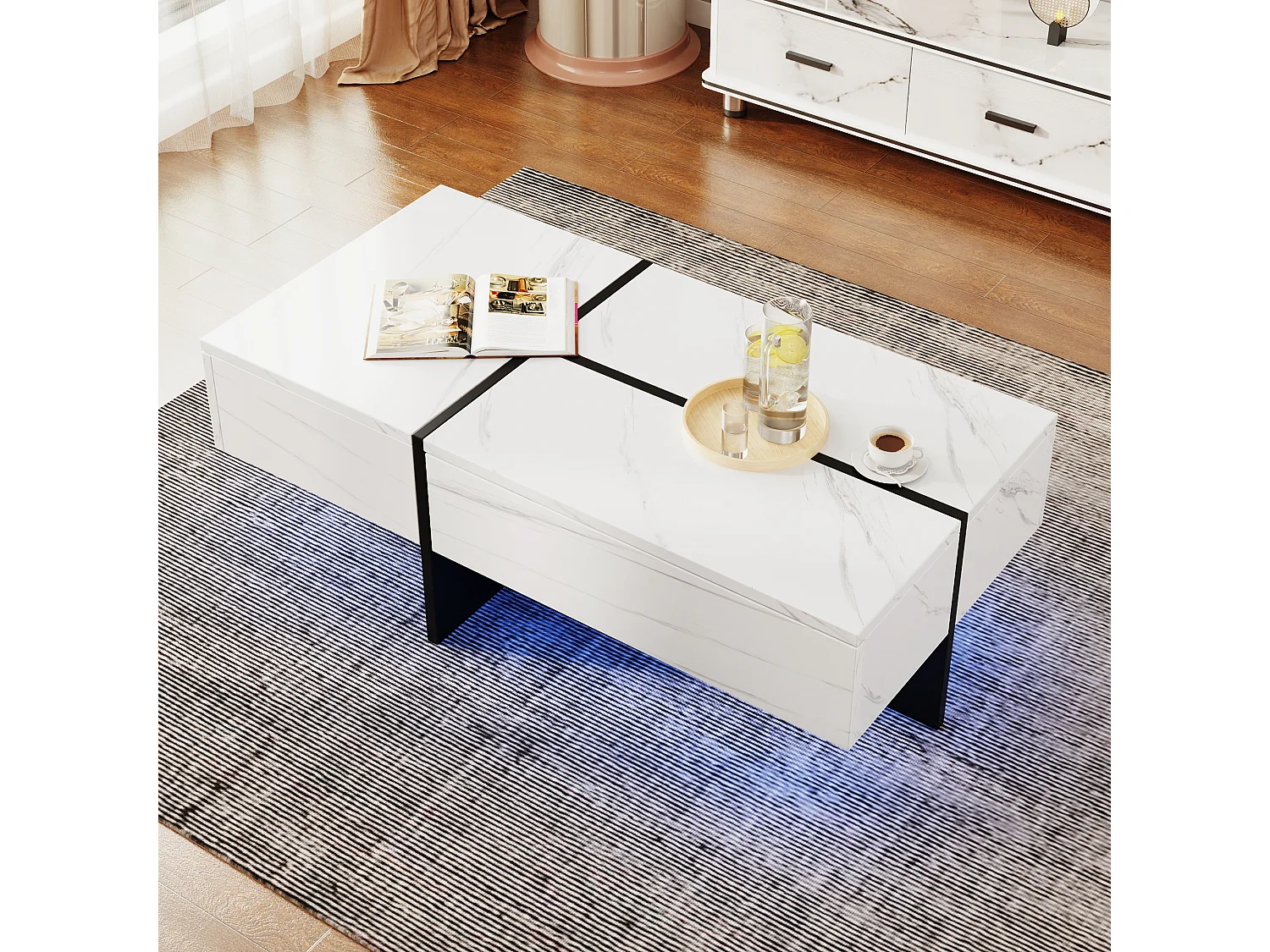 Table basse avec 3 tiroirs 100x50 cm, Éclairage LED Bluetooth, plateau en placage effet marbre blanc