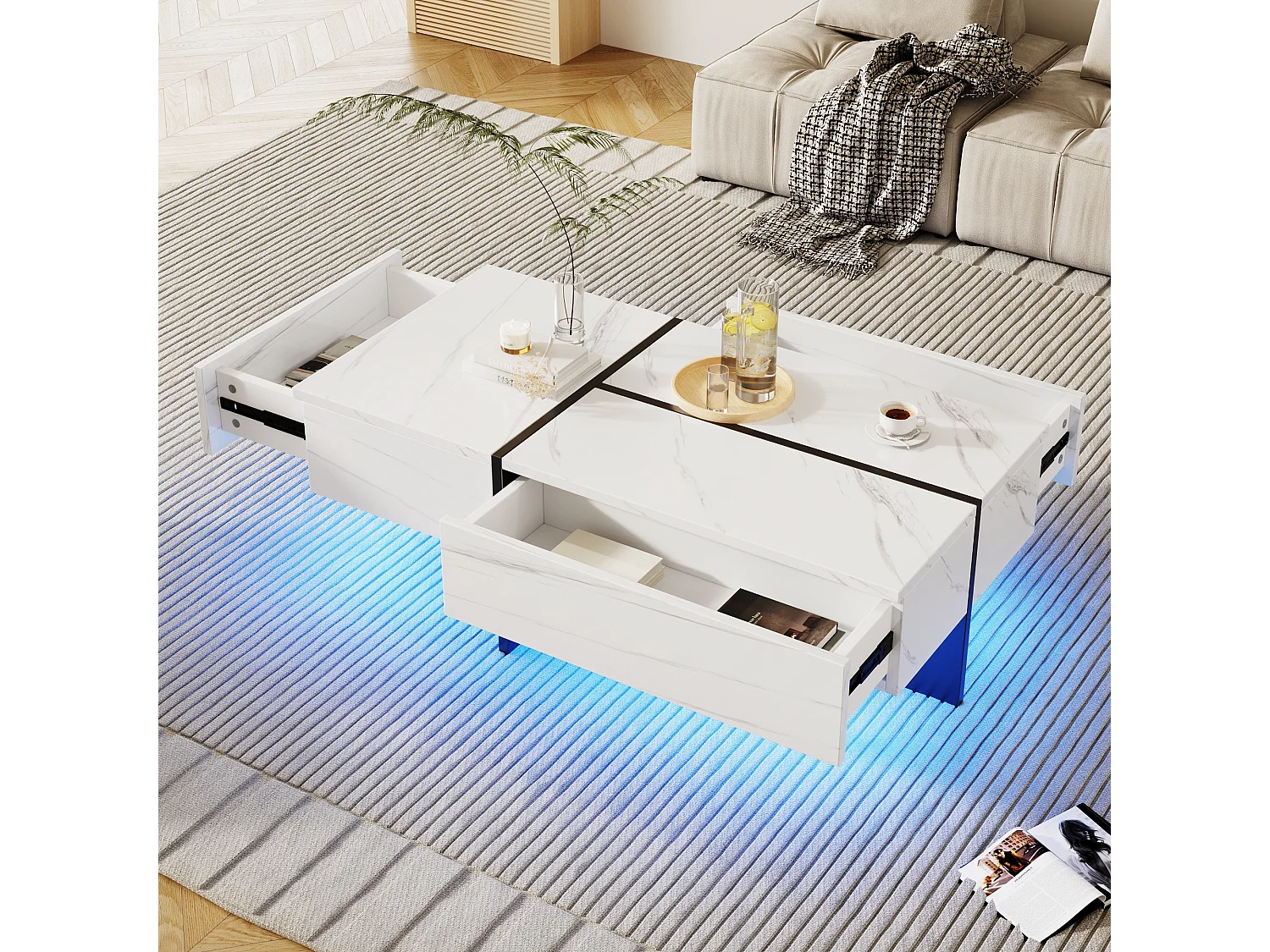 Table basse avec 3 tiroirs 100x50 cm, Éclairage LED Bluetooth, plateau en placage effet marbre blanc