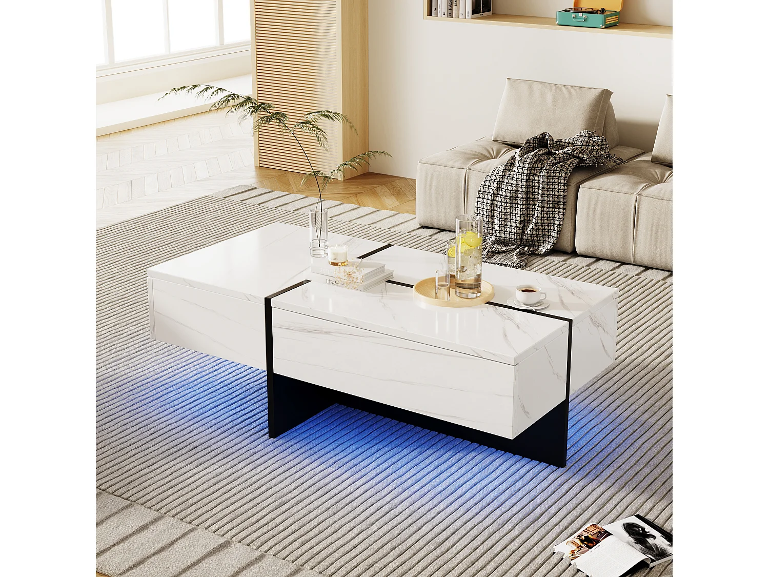 Table basse avec 3 tiroirs 100x50 cm, Éclairage LED Bluetooth, plateau en placage effet marbre blanc