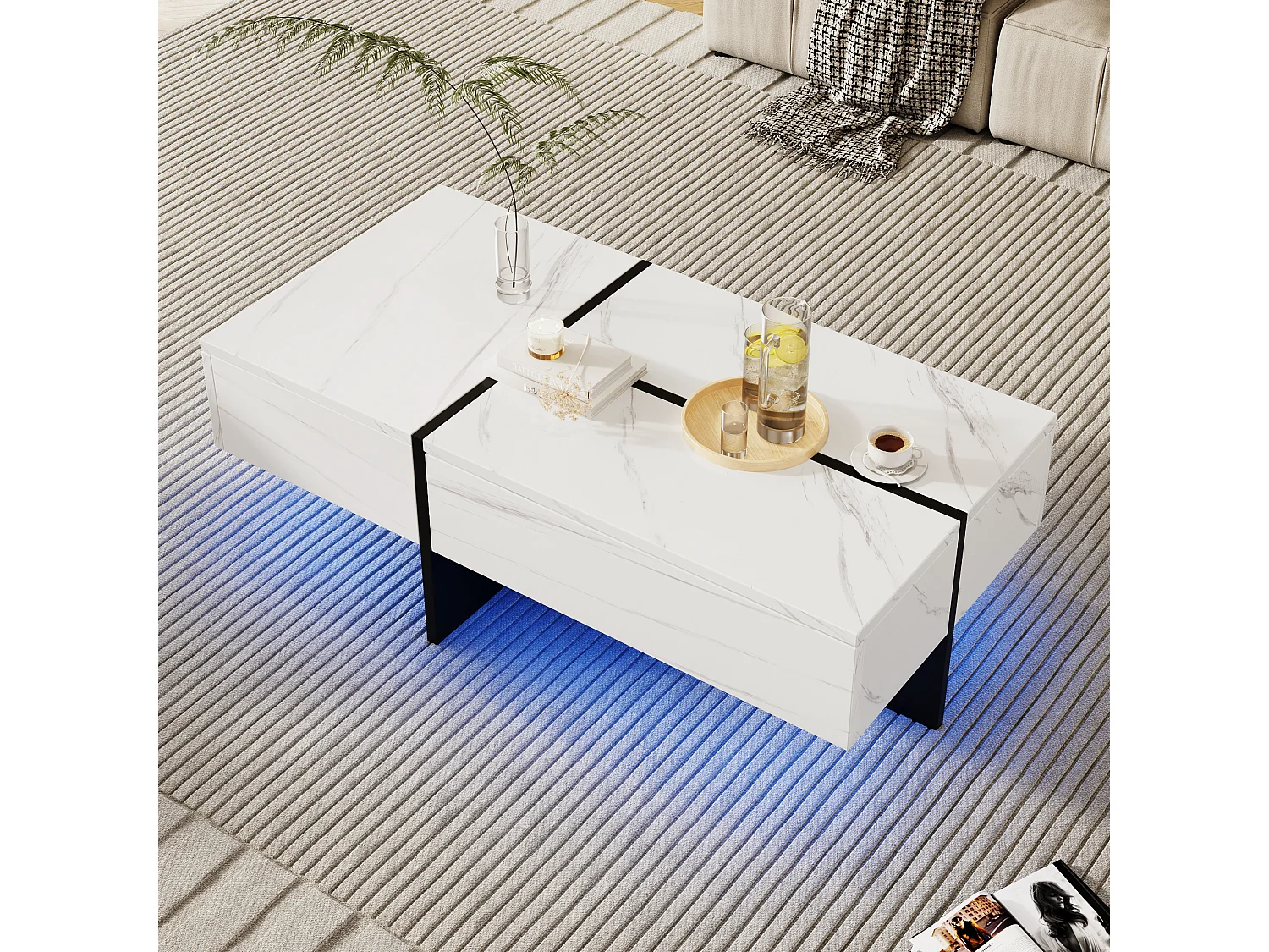 Table basse avec 3 tiroirs 100x50 cm, Éclairage LED Bluetooth, plateau en placage effet marbre blanc