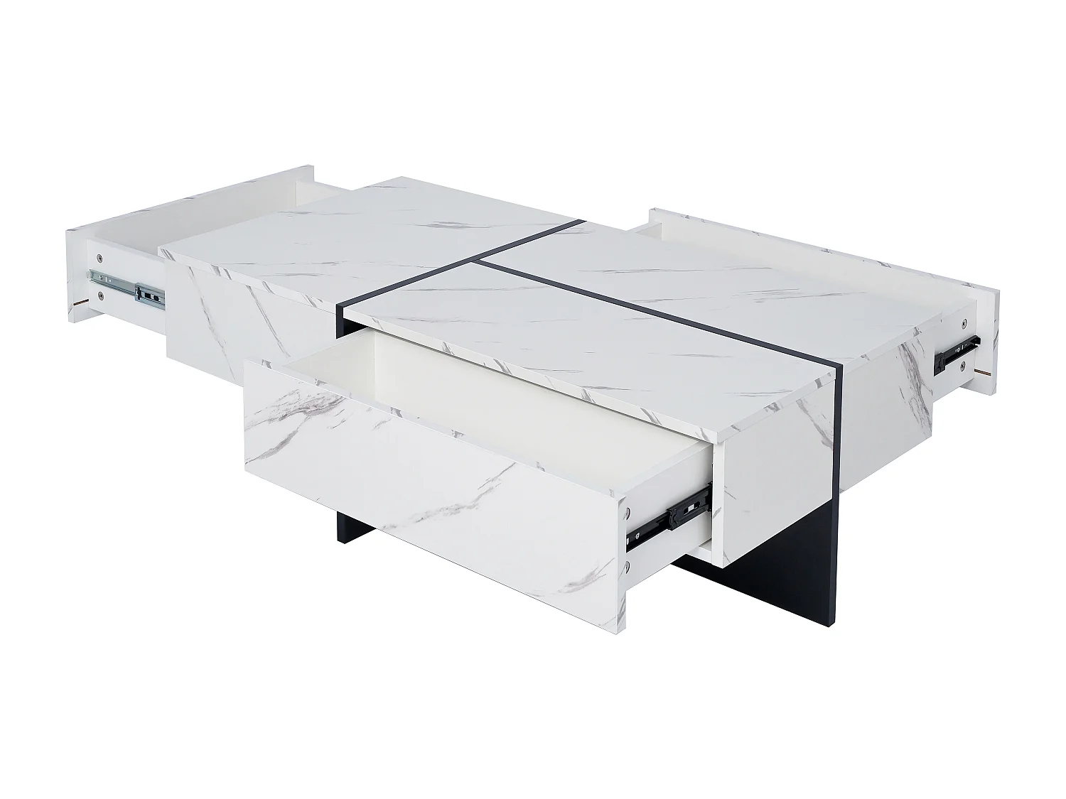 Table basse avec 3 tiroirs 100x50 cm, Éclairage LED Bluetooth, plateau en placage effet marbre blanc