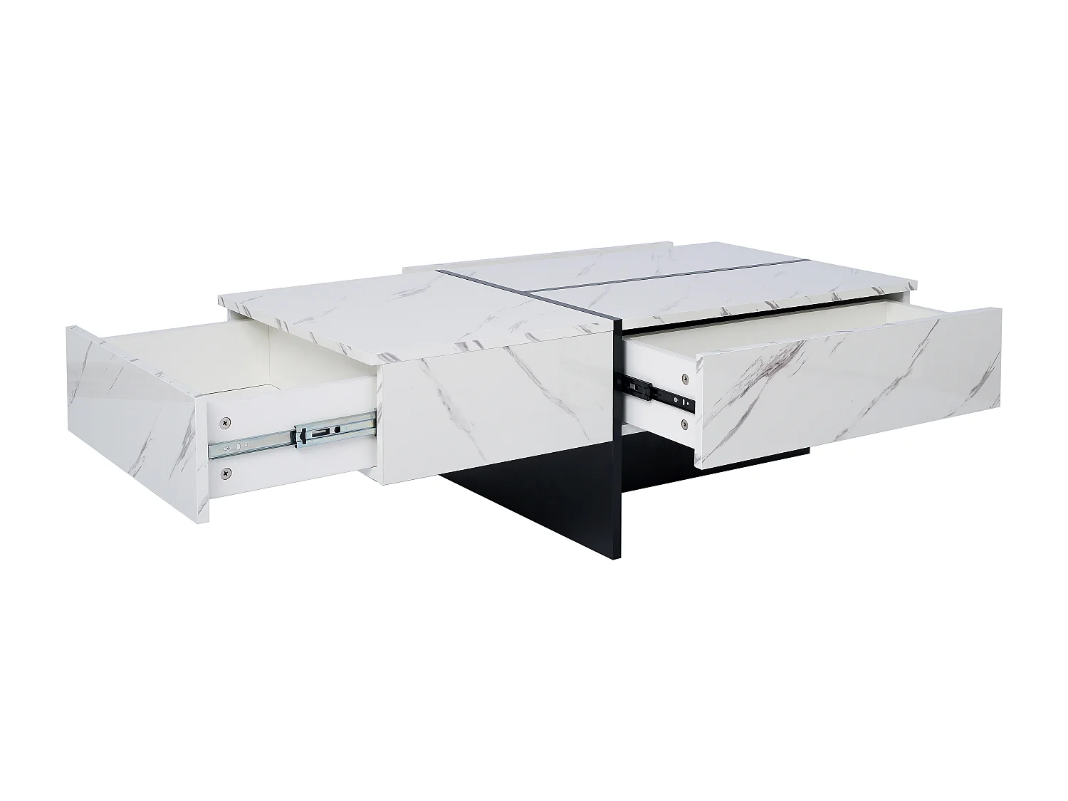 Table basse avec 3 tiroirs 100x50 cm, Éclairage LED Bluetooth, plateau en placage effet marbre blanc