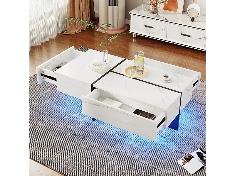 Table basse avec 3 tiroirs 100x50 cm, Éclairage LED Bluetooth, plateau en placage effet marbre blanc