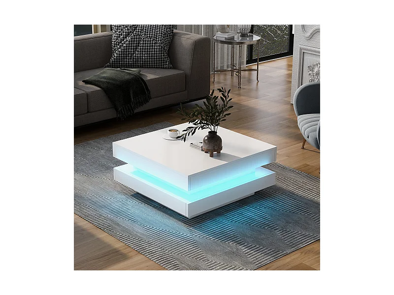 Table basse carrée lumineuse 70x70 cm, Éclairage LED Bluetooth, Design futuriste, blanc laqué