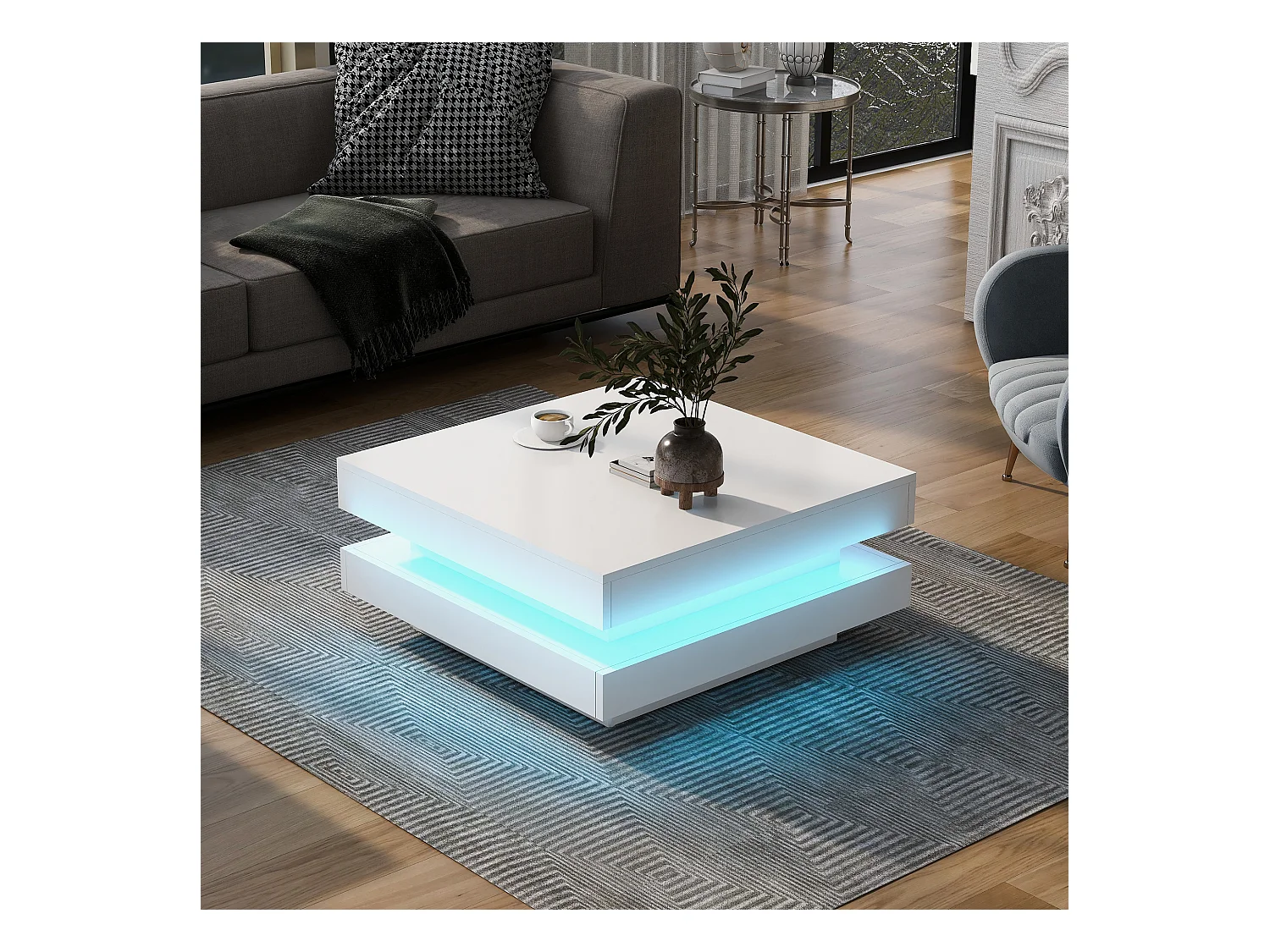 Table basse carrée lumineuse 70x70 cm, Éclairage LED Bluetooth, Design futuriste, blanc laqué