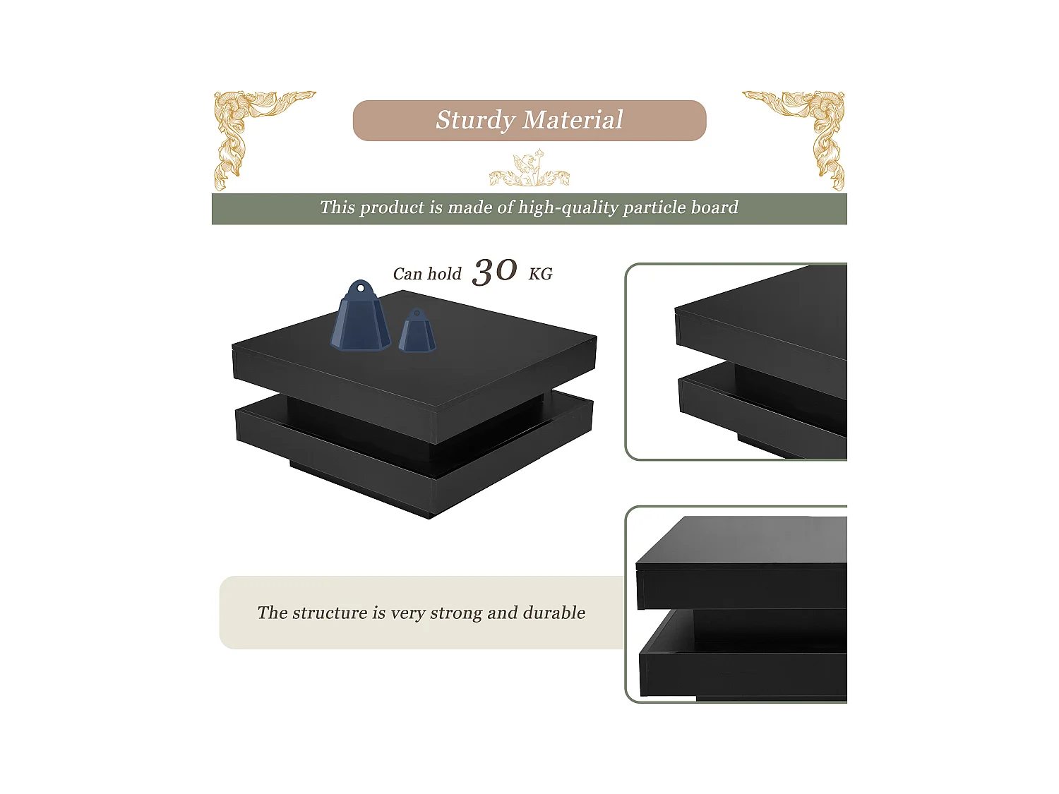 Tavolino quadrato - 70 x 70 x 36 cm - con LED a 16 colori - truciolato - nero