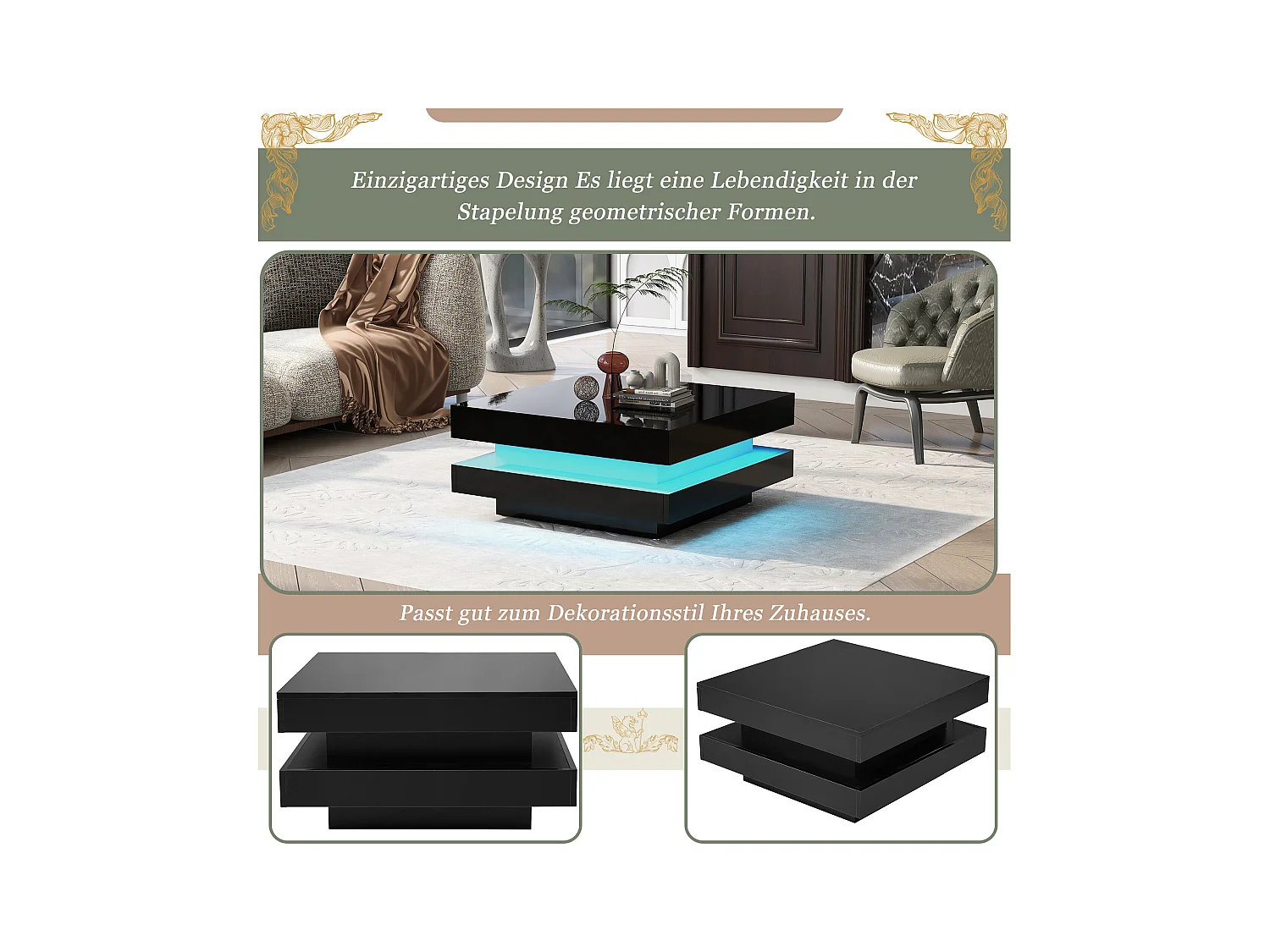 Tavolino quadrato - 70 x 70 x 36 cm - con LED a 16 colori - truciolato - nero