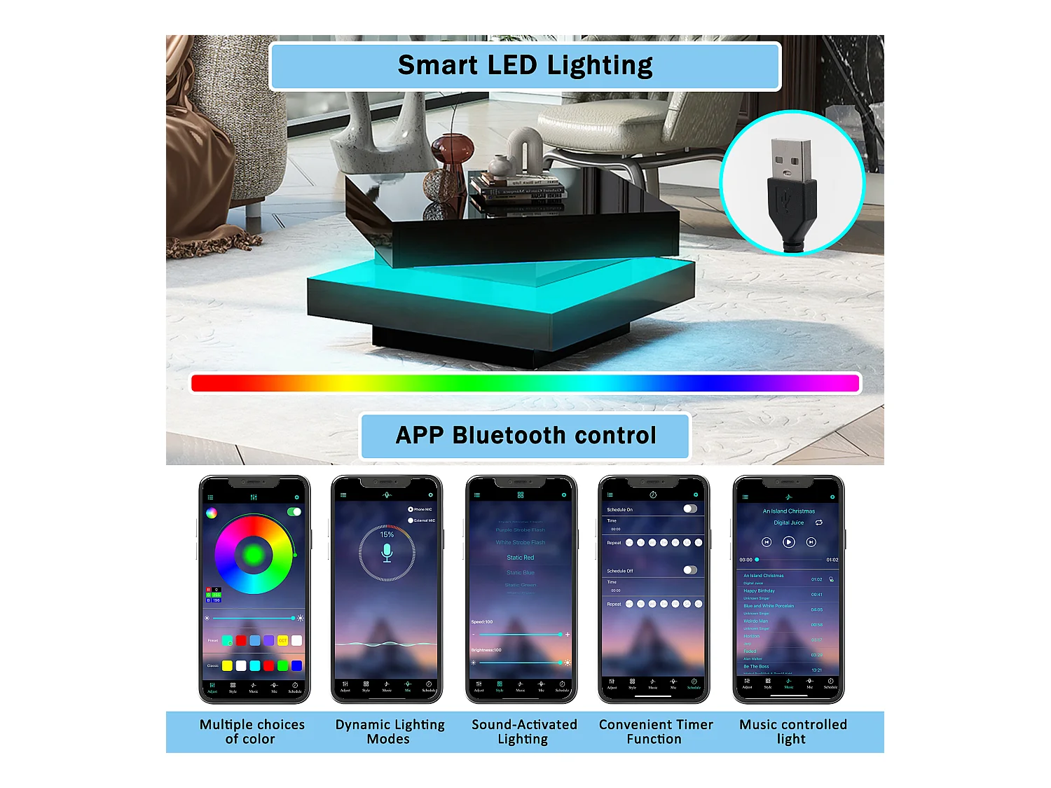 Tavolino quadrato - 70 x 70 x 36 cm - con LED a 16 colori - truciolato - nero