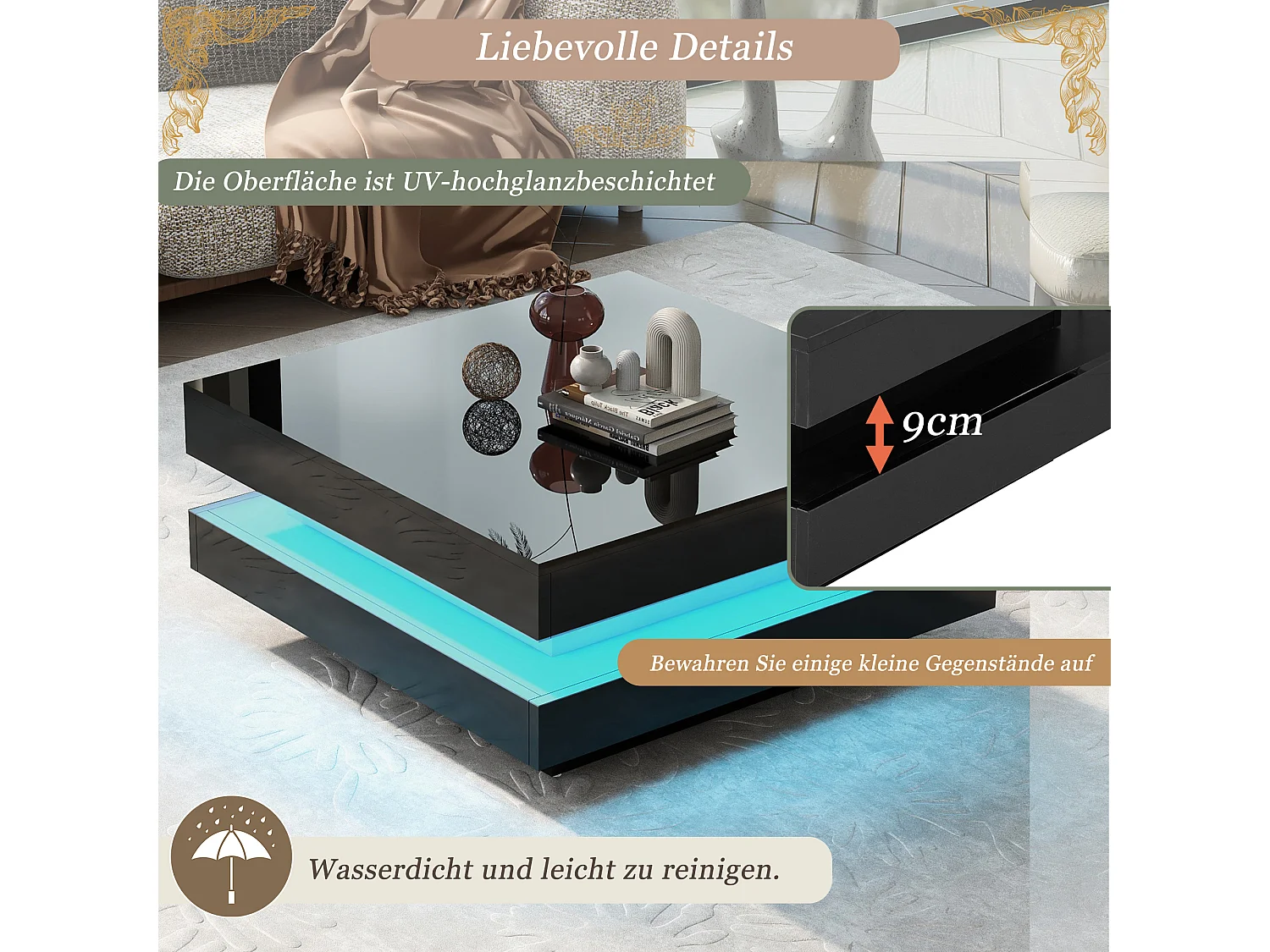 Quadratischer Couchtisch - 70 x 70 x 36 cm - mit 16-Farben-LEDs - Spanplatte - schwarz