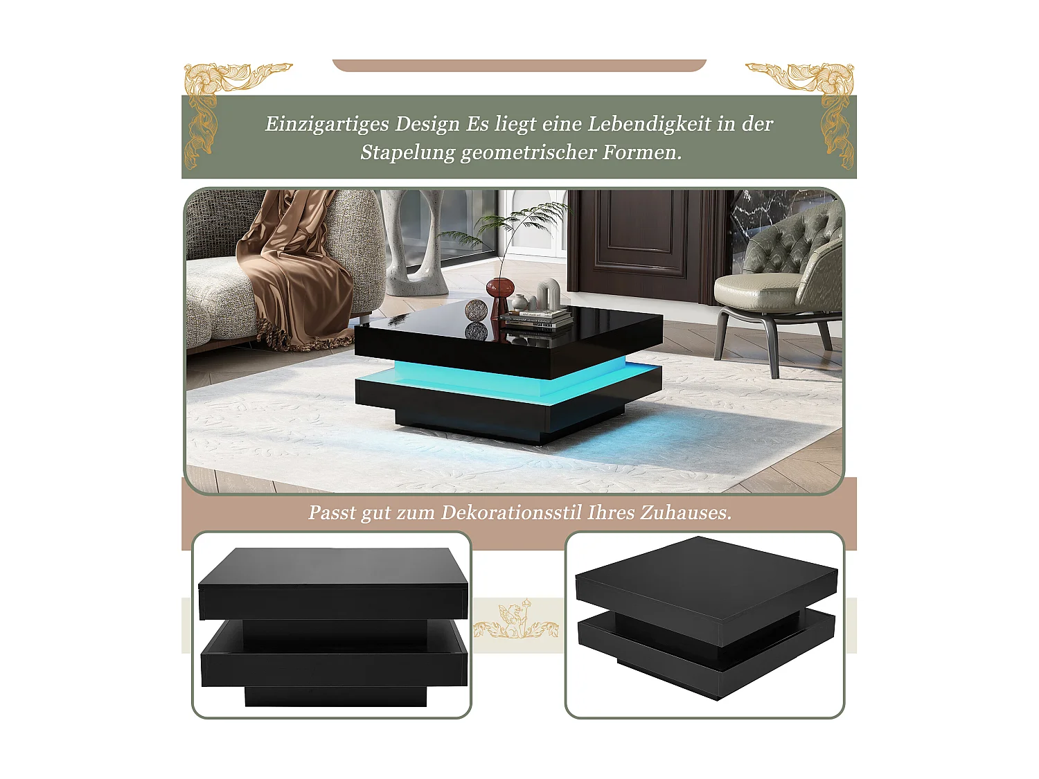 Quadratischer Couchtisch - 70 x 70 x 36 cm - mit 16-Farben-LEDs - Spanplatte - schwarz