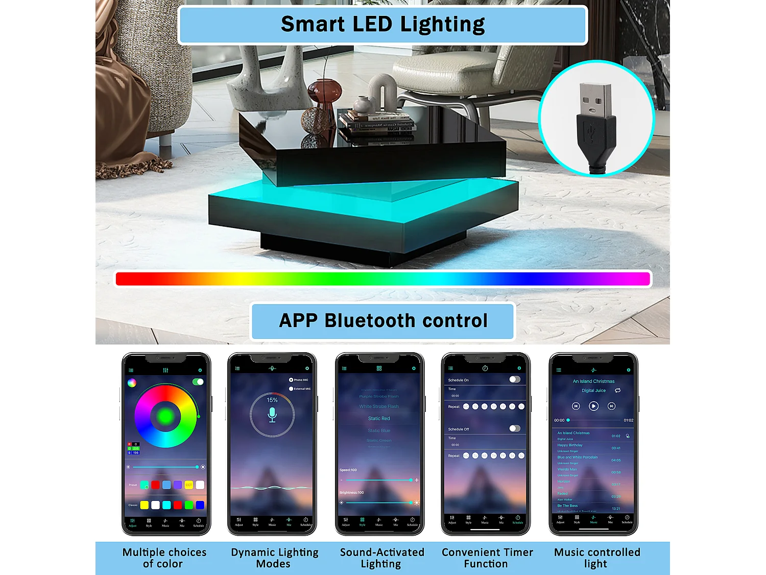 Quadratischer Couchtisch - 70 x 70 x 36 cm - mit 16-Farben-LEDs - Spanplatte - schwarz