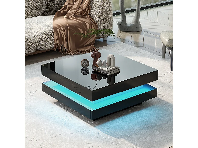 Stolik kawowy kwadratowy - 70 x 70 x 36 cm - z diodami LED 16 kolorów - płyta wiórowa - czarny