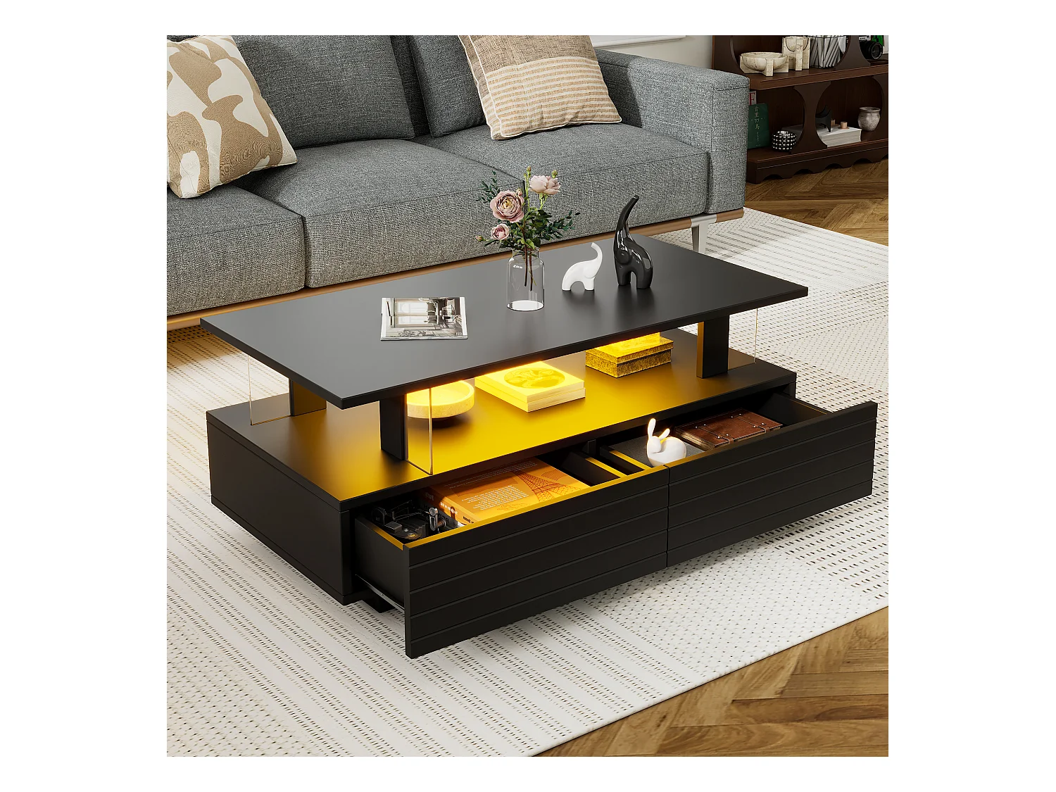 Stolik kawowy z diodami LED - 100 x 50 x 42,5 cm - dwupoziomowy stolik do salonu z 1 szufladą - Akryl - czarny