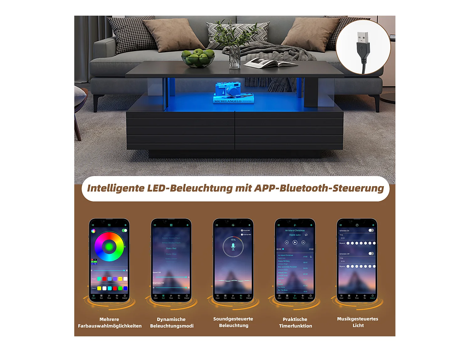 Stolik kawowy z diodami LED - 100 x 50 x 42,5 cm - dwupoziomowy stolik do salonu z 1 szufladą - Akryl - czarny