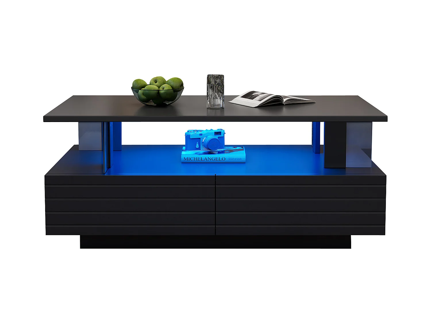 Stolik kawowy z diodami LED - 100 x 50 x 42,5 cm - dwupoziomowy stolik do salonu z 1 szufladą - Akryl - czarny